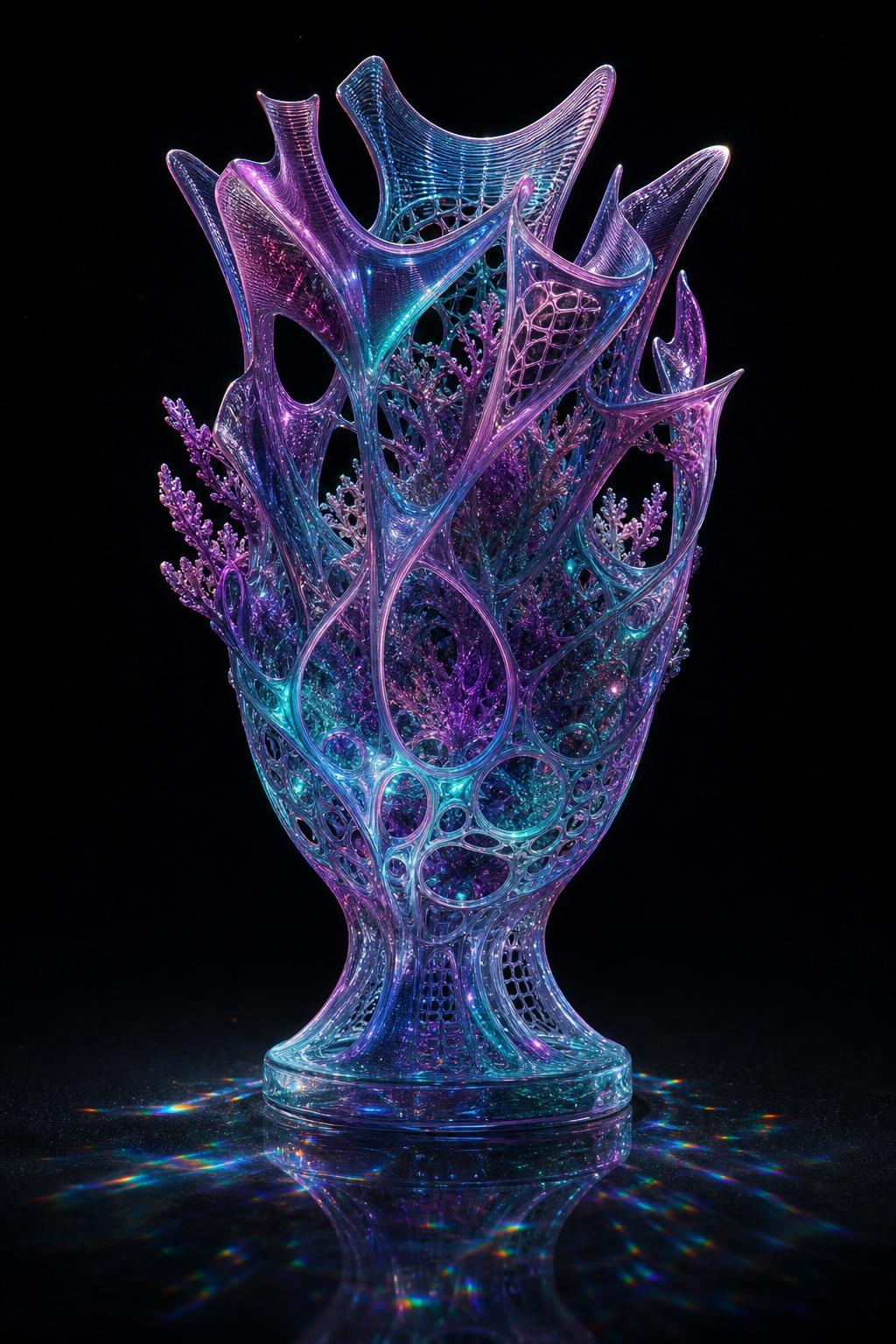 Aurora Voronoi vase — translucent purple 3D-printed lattice geometry